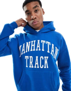 Hollister Boxy Varsity Motif Hoodie In Blue For Men