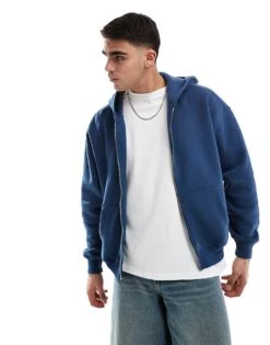 Hollister Baggy Fit Longline Hoodie In Blue For Men