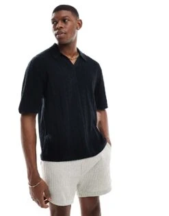 Hollister Short Sleeve Contrast Stripe Knitted Polo Top In Black For Men