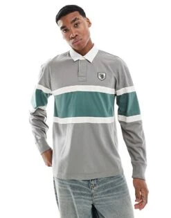 Hollister Contrast Stripe Varsity Logo Rugby Top In Grey For Men Multi
