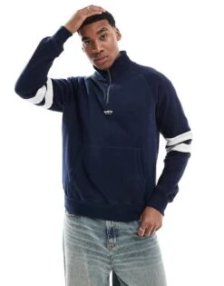 Hollister Boxy Contrast Varsity Logo Detail Quarter Zip Sweat Top In Navy For Men