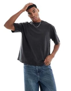 Hollister Cropped Boxy T-shirt With Seam Detail In Acid Black For Men Washed Black