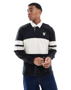 Hollister Contrast Stripe Varsity Logo Rugby Top In Black Multi For Men