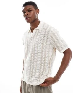 Hollister Short Sleeve Pattern Knitted Polo Top In Beige For Men
