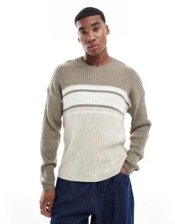 Hollister Knitted Boxy Logo Jumper With Contrast Panels In Beige Multi For Men