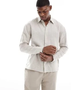 Hollister Button Through Linen Shirt In Beige For Men