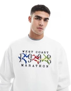 Hollister Crew Neck Graphic Sweat Top In White For Men Light Grey