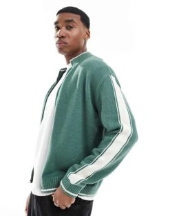 Hollister Knitted Zip Through Cardigan With Contrast Sleeve Panel In Khaki For Men