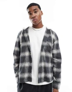 Hollister Long Sleeve Hooded Flannel Shirt In Grey Check Print For Men