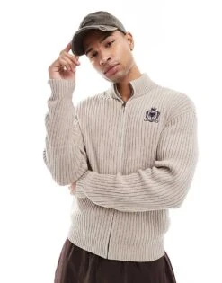 Hollister Knitted Zip Through Cardigan In Beige For Men Light Grey