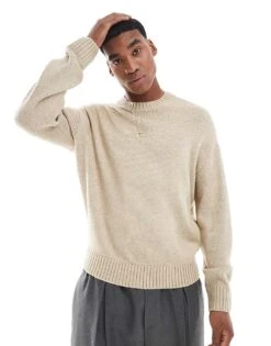 Hollister Knitted Boxy Crew Neck Jumper In Beige For Men