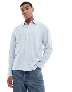 Hollister Button Through Linen Shirt In Blue For Men Light Blue