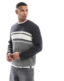 Hollister Knitted Boxy Jumper With Contrast Panels In Navy Multi For Men