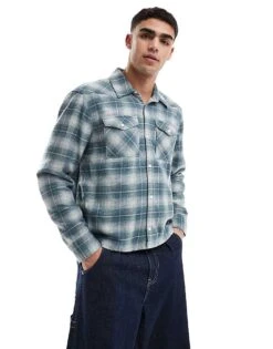 Hollister Boxy Western Flannel Shirt In Teal Check For Men Grey